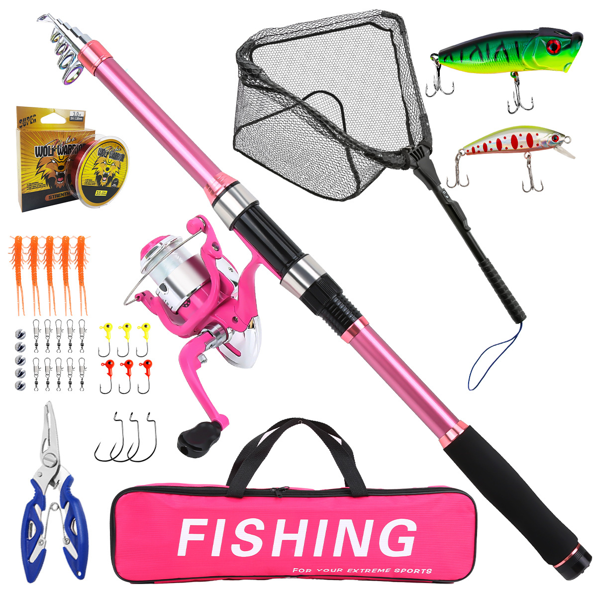 Fishing Rod Spinning - ชุดคันเบ็ดตกปลาแบบครบชุด พร้อมคันเบ็ดแบบยืดหดได้ รอกสปินนิ่ง เหยื่อตกปลา ตะขอเบ็ด ชุดคันเบ็ดสำหรับเดินทาง
