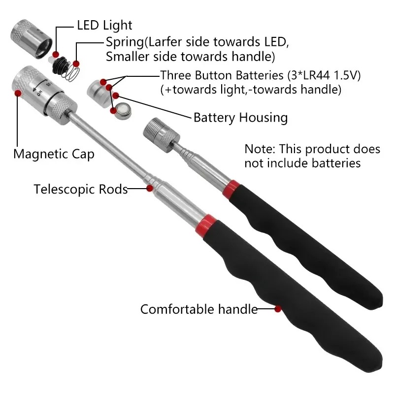 Fishing Rod Telescopic - ปากกาแม่เหล็กแบบยืดหดได้พร้อมไฟ LED แท่งแม่เหล็กแบบพกพาขนาดเล็กสำหรับเก็บสกรู น็อต โบลต์ และชิ้นส่วนโลหะ